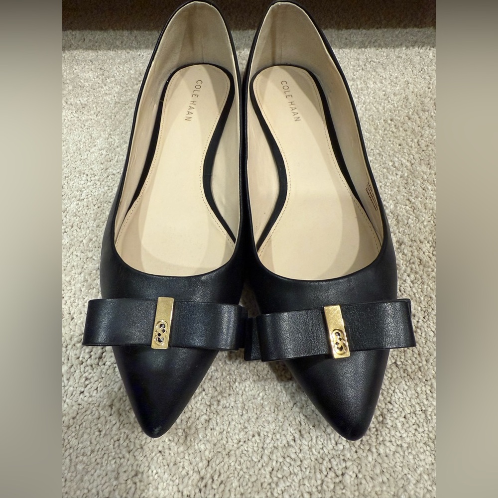 Cole Haan Black Leather Flats with Bow and Gold Detail